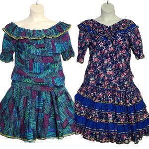 Vintage Square Dance Outfit Lot Medium Blue Floral Off Shoulder